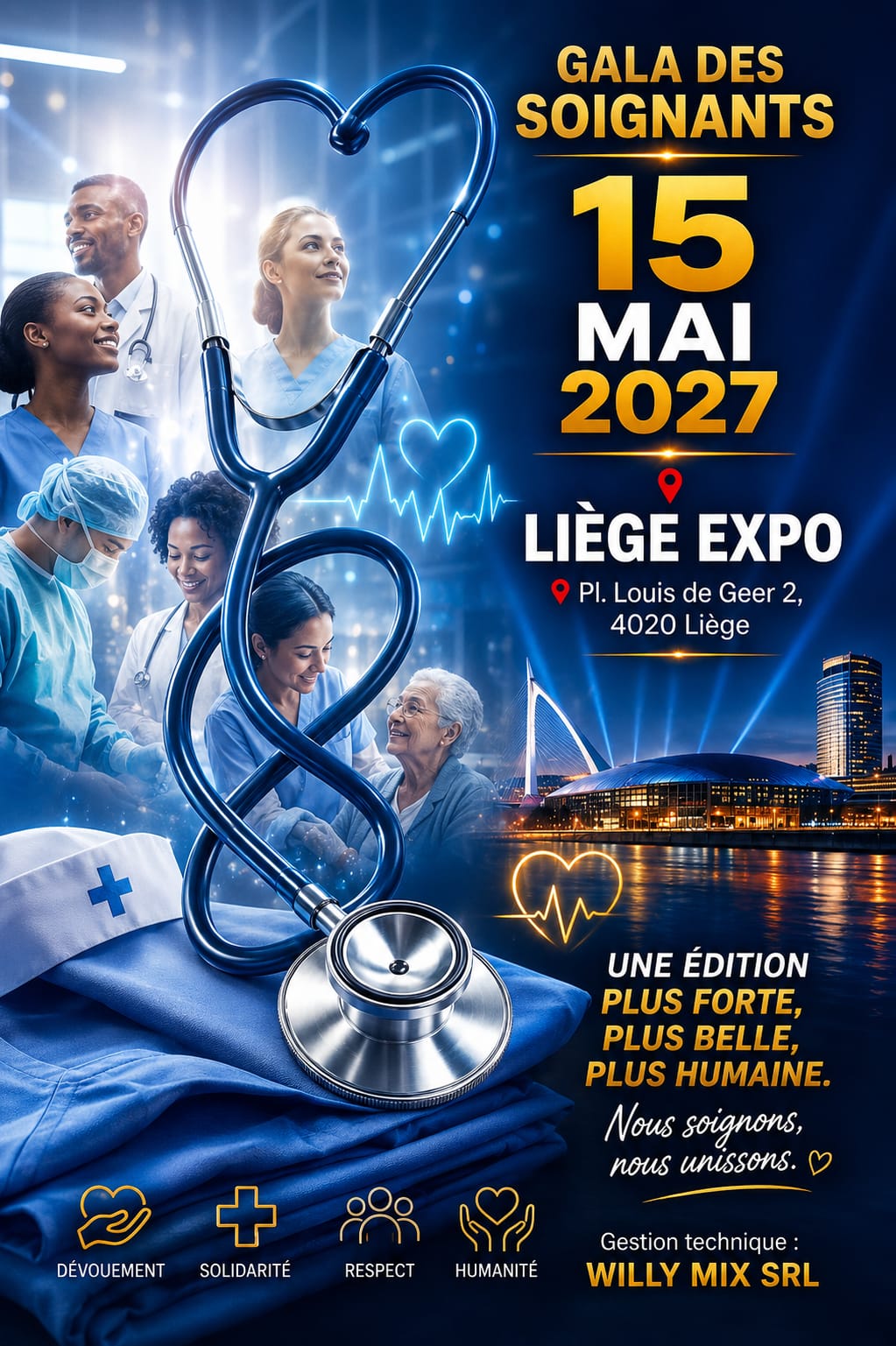 Affiche de la deuxième édition du Gala des Soignants, le 15 mai 2027 à Liège Expo.
